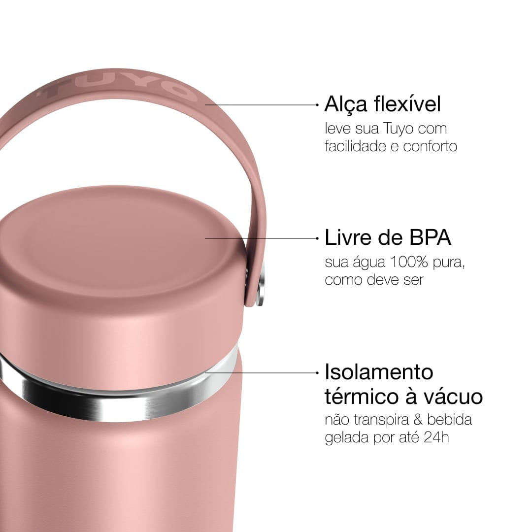 Garrafa Térmica Tuyo 600 ml Rosa Taupe, infográfico com as características