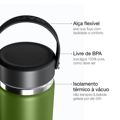 Garrafa Térmica Tuyo 600 ml Verde Militar, infográfico com as características