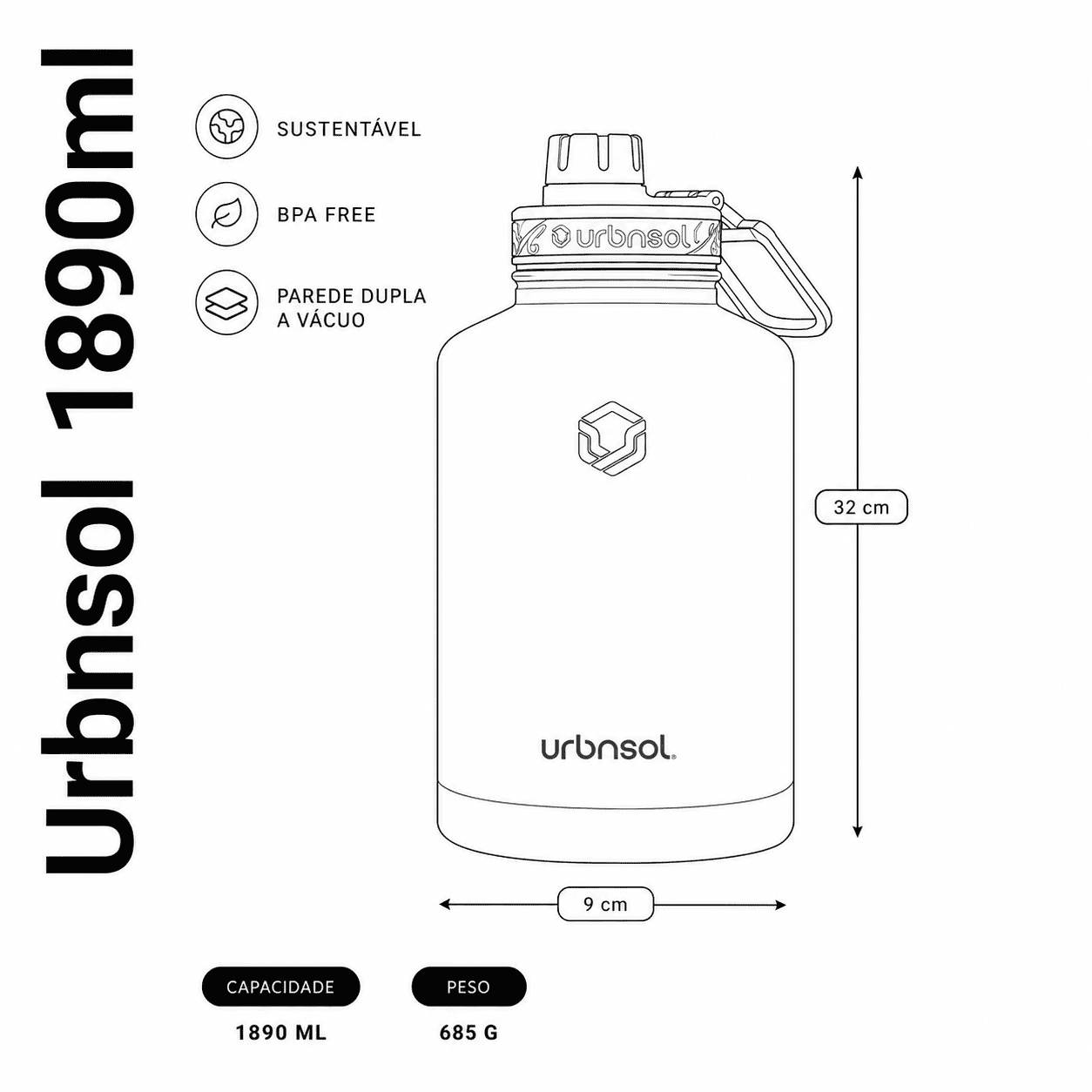Garrafa térmica Urbnsol 1890ml na cor Verde Rubber