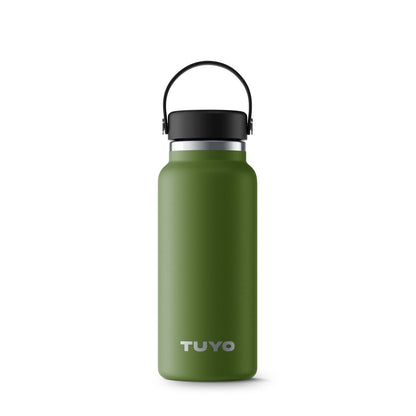 Garrafa Térmica Tuyo - 1000ml verde para manter bebidas quentes por 12h e frias por 24h, com design em inox e alça resistente.
