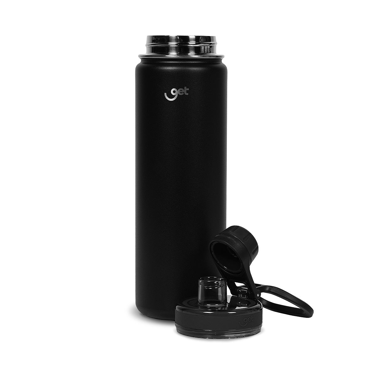 Garrafa Térmica GET Trity 750ml em inox preto com tampas removíveis, capacidade e eficiência térmica para bebidas quentes e frias.