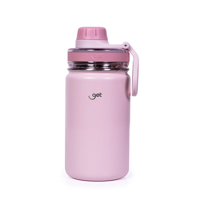 Garrafa Térmica GET Trity 350ml, compacta em aço inoxidável rosa, ideal para manter bebidas quentes ou frias, portátil e durável.