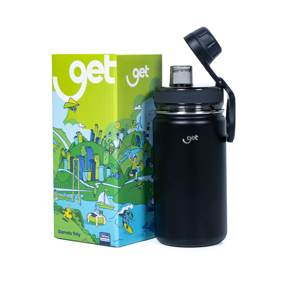 Garrafa Térmica GET Trity 350ml preta ao lado da caixa colorida, ideal para manter bebidas na temperatura desejada.