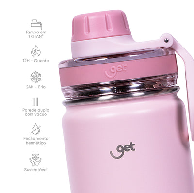Garrafa Térmica GET Trity 750ml rosa com tampa em Tritan, mantém bebidas quentes por 12h e frias por 24h, sustentável e hermética.