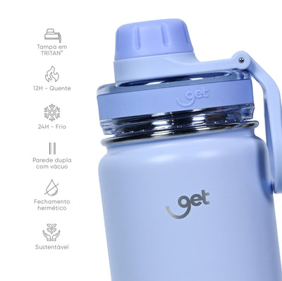 Garrafa Térmica GET Trity 750 ml Lavanda, infográfico com as características