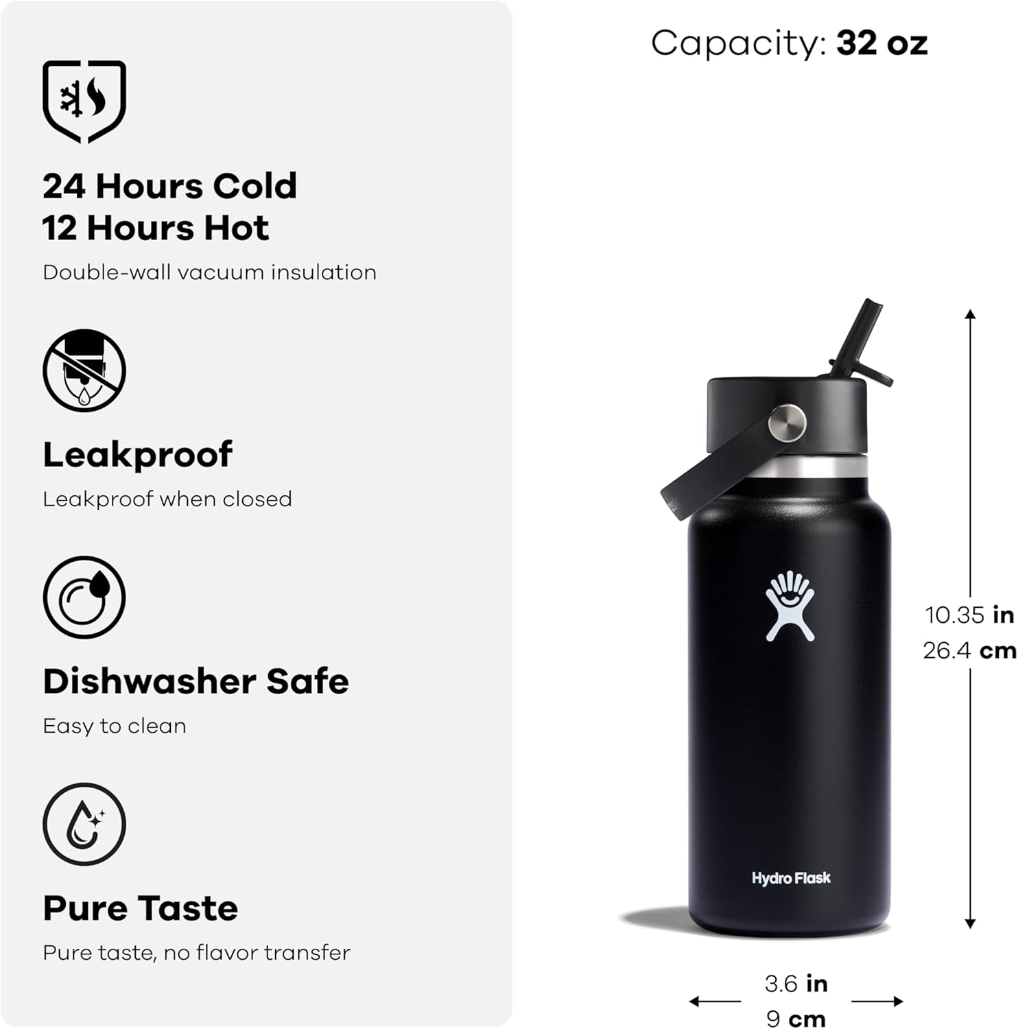 Garrafa Térmica Hydro Flask 946ml com tampa de canudo flexível em aço inoxidável, mantém bebidas frias por 24h e quentes por 12h.