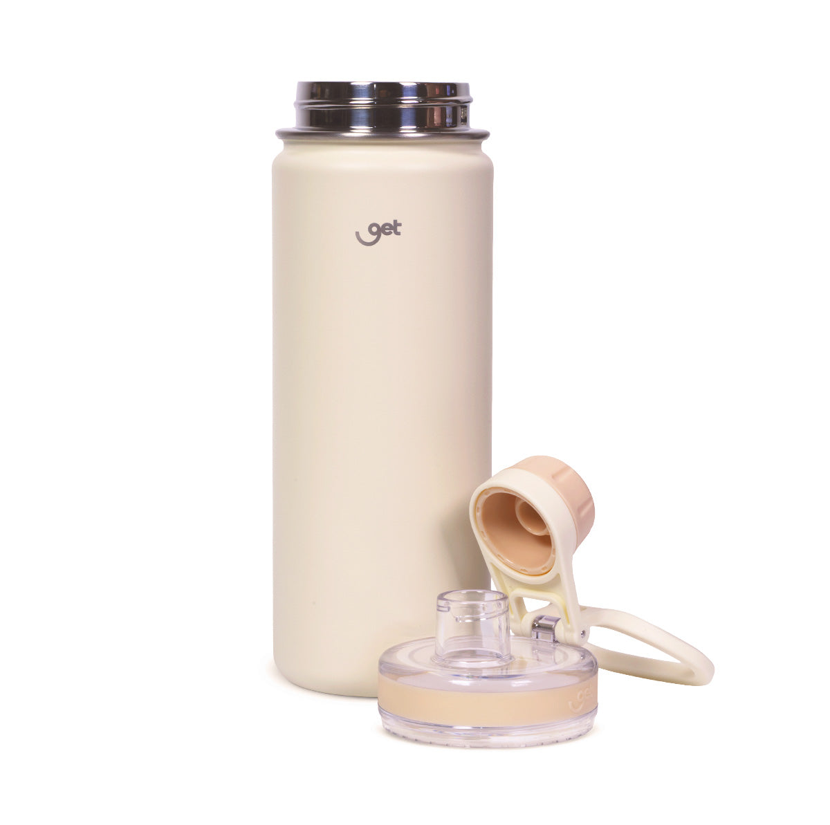 Garrafa Térmica GET Trity 750ml em inox com tampa removível, ideal para bebidas quentes ou frias, destacando eficiência térmica e design moderno.
