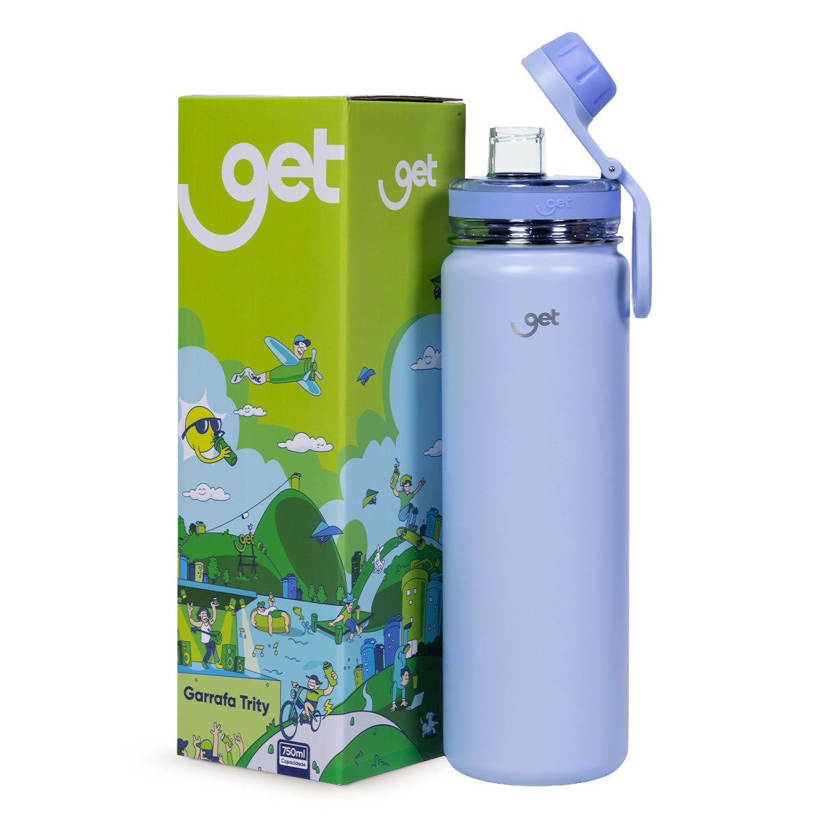 Garrafa Térmica GET Trity 750ml inoxidável em azul com embalagem ao fundo; ideal para bebidas quentes e frias.