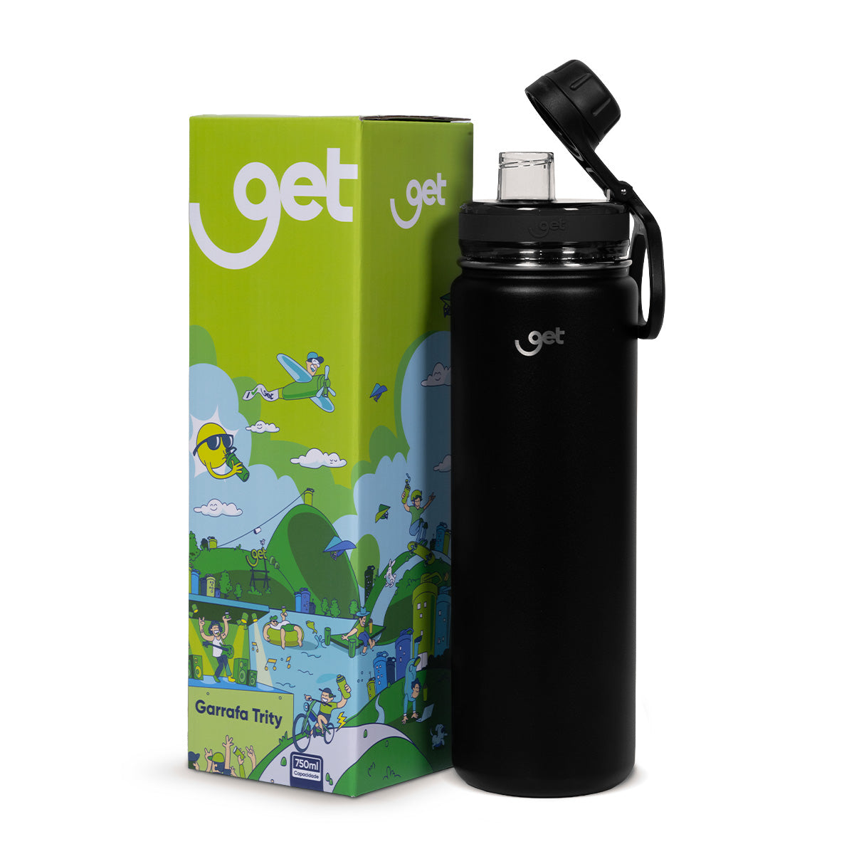 Garrafa Térmica GET Trity 750ml preta com embalagem ilustrada ao fundo, ideal para manter bebidas em temperatura por mais tempo.