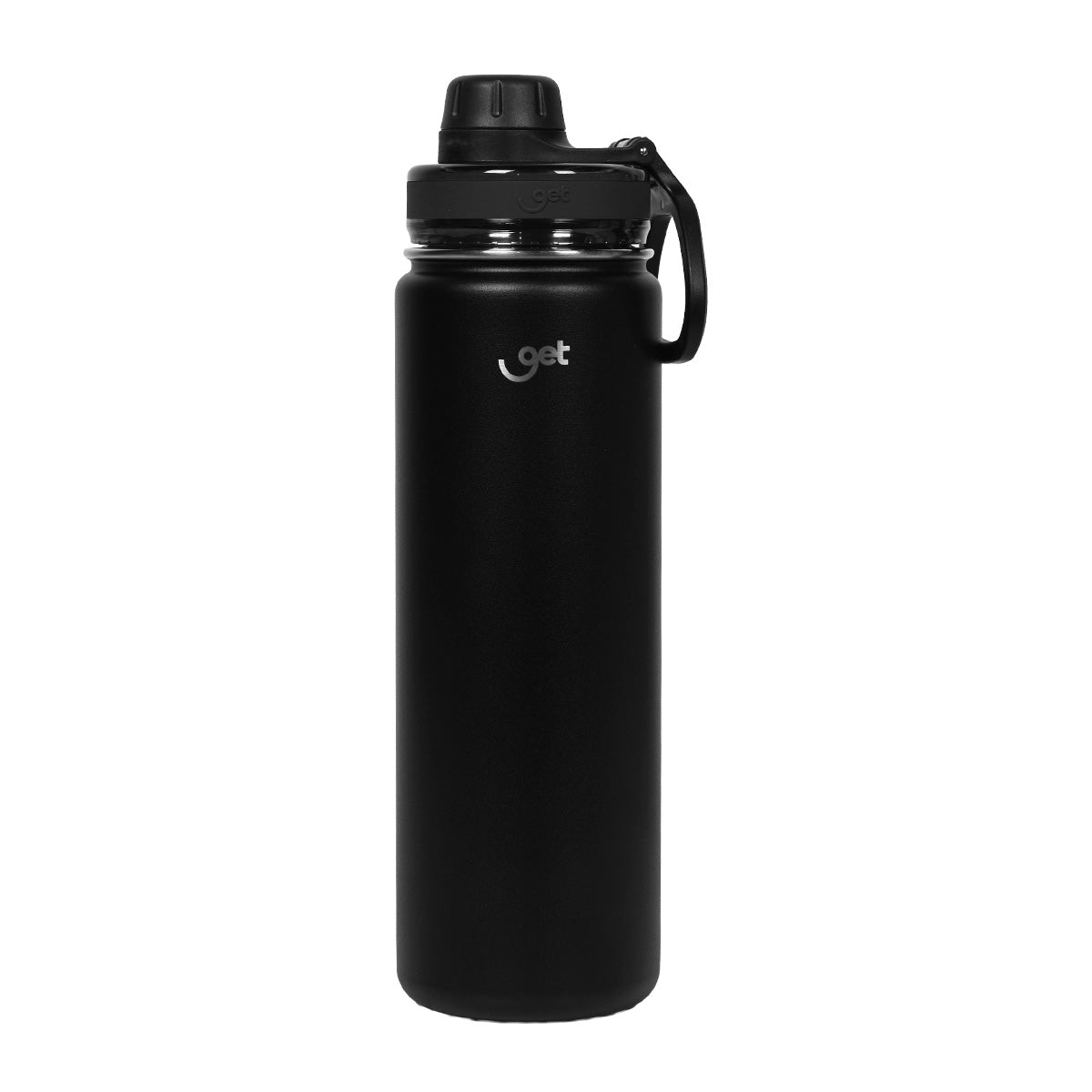 Garrafa Térmica GET Trity 750ml em aço inoxidável preto, design moderno, ideal para manter bebidas quentes ou frias por longos períodos.