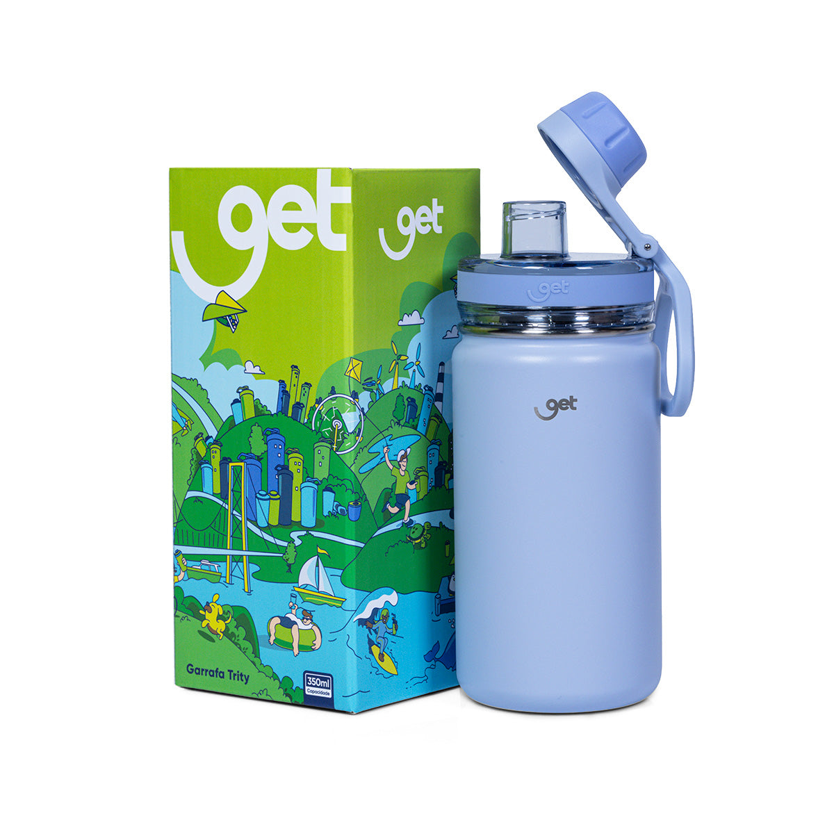 Garrafa Térmica GET Trity 350 ml Lavanda, kit com os itens juntos, tampa aberta