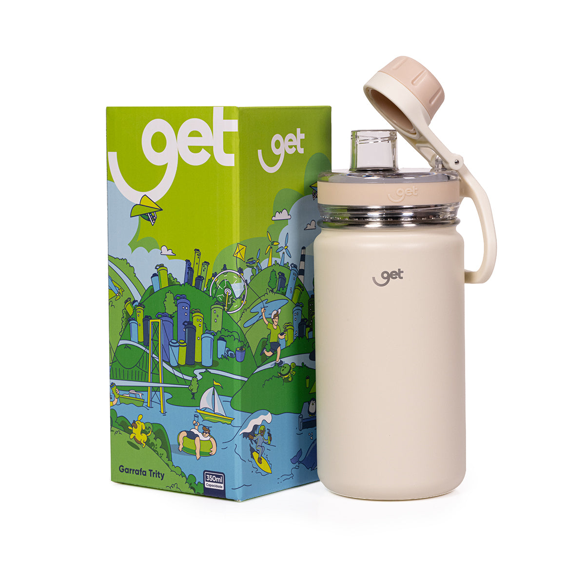 Garrafa Térmica GET Trity 350ml com caixa colorida ao fundo, ideal para manter bebidas na temperatura por mais tempo.