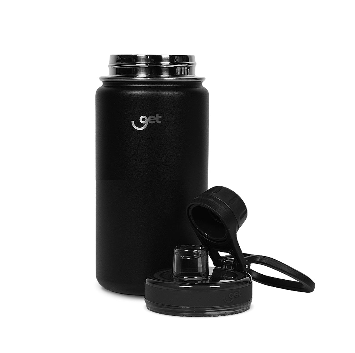 Garrafa Térmica GET Trity 350ml preta com tampa removível, ideal para manter bebidas quentes ou frias. Compacta e prática para o dia a dia.