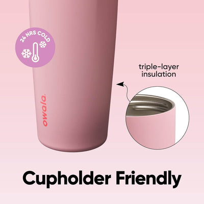 Detalhe da Garrafa Térmica Owala FreeSip Sway - 887ml rosa, com isolamento triplo e compatível com porta-copos.