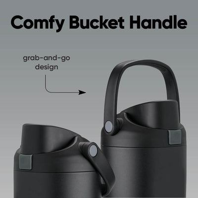 Close-up das tampas e alça "bucket handle" da Garrafa Térmica Owala FreeSip Sway - 887ml, destacando o design "grab-and-go".