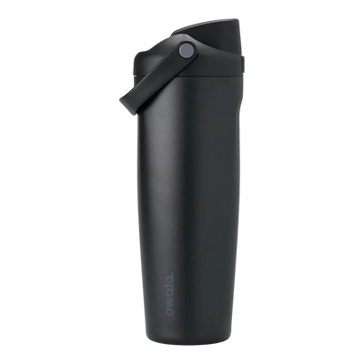 Garrafa Térmica Owala FreeSip Sway - 887ml, garrafa preta com corpo em aço inox e alça ergonômica, ideal para manter bebidas geladas.