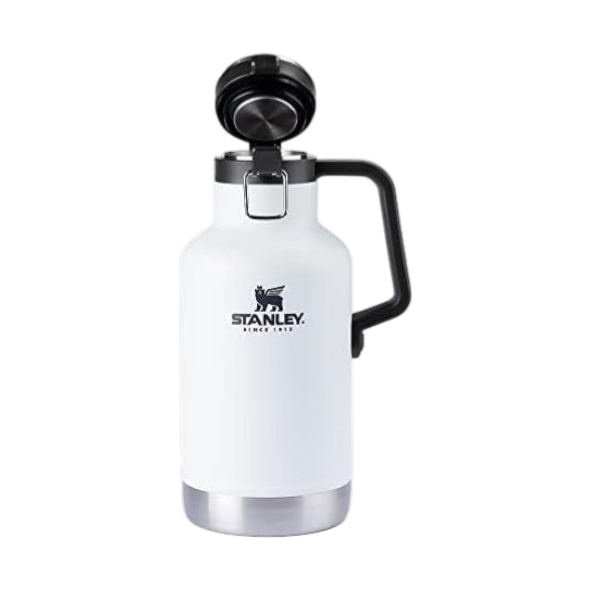 Growler Térmico Classic 1.9L Stanley em branco com tampa preta e alça lateral. Ideal para conservação térmica e resistência.
