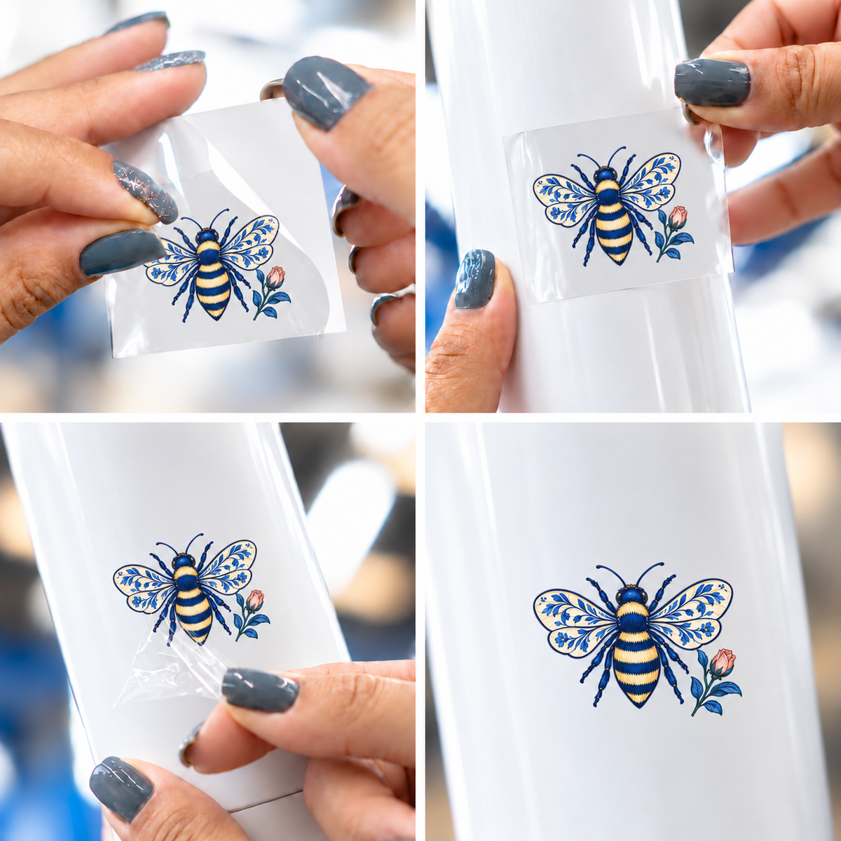 Porcelana Azul — Abelha — sticker UV DTF individual com verniz — passo a passo ilustrativo de aplicação