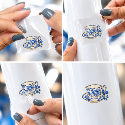 Porcelana Azul — Xícara — sticker UV DTF individual com verniz — passo a passo ilustrativo de aplicação