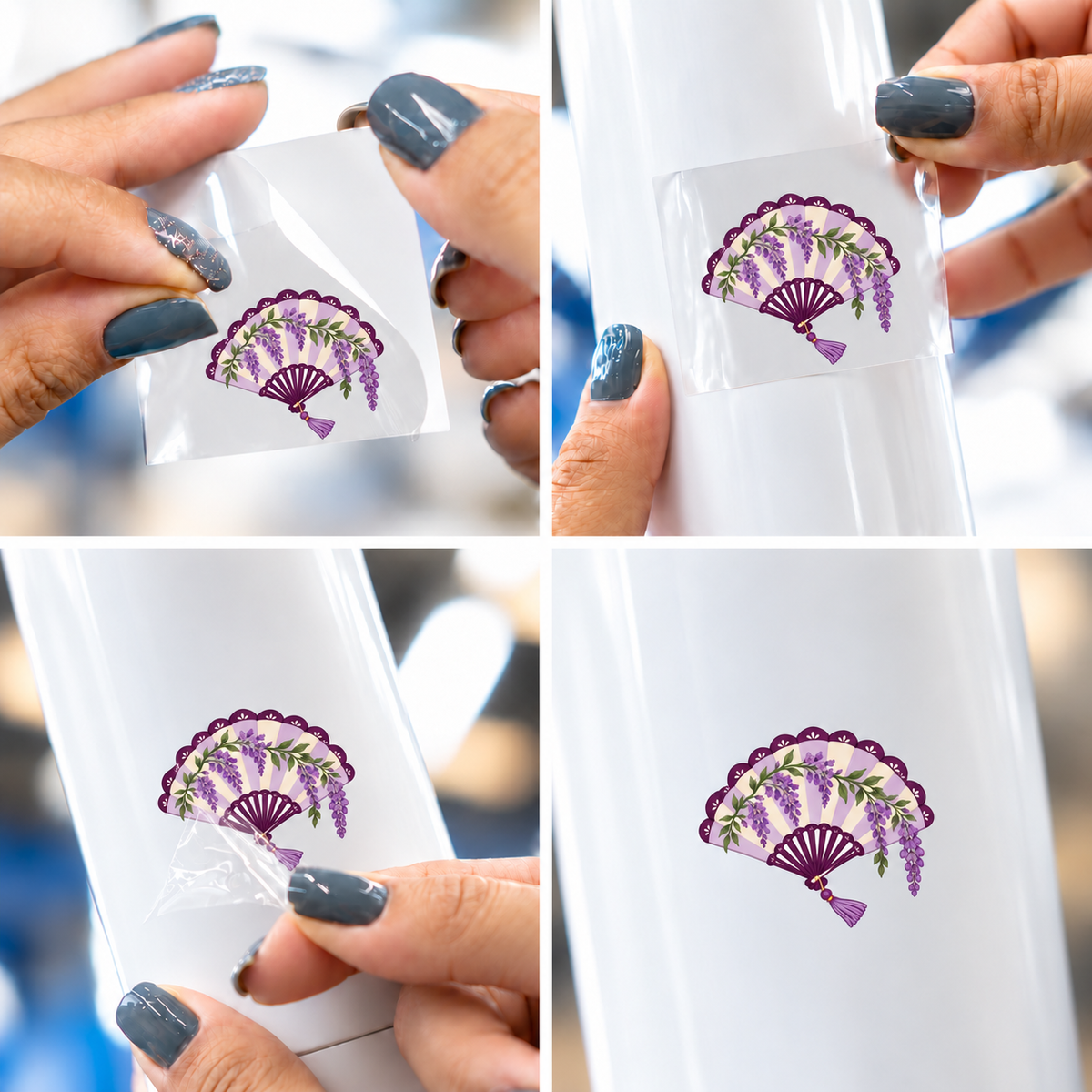 Lavanda Botânica — Leque — sticker UV DTF individual com verniz — passo a passo ilustrativo de aplicação