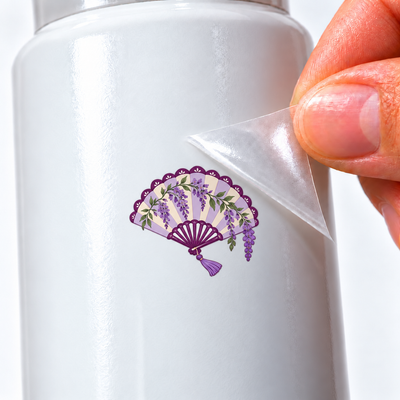 Lavanda Botânica — Leque — sticker UV DTF individual com verniz — detalhe de aplicação