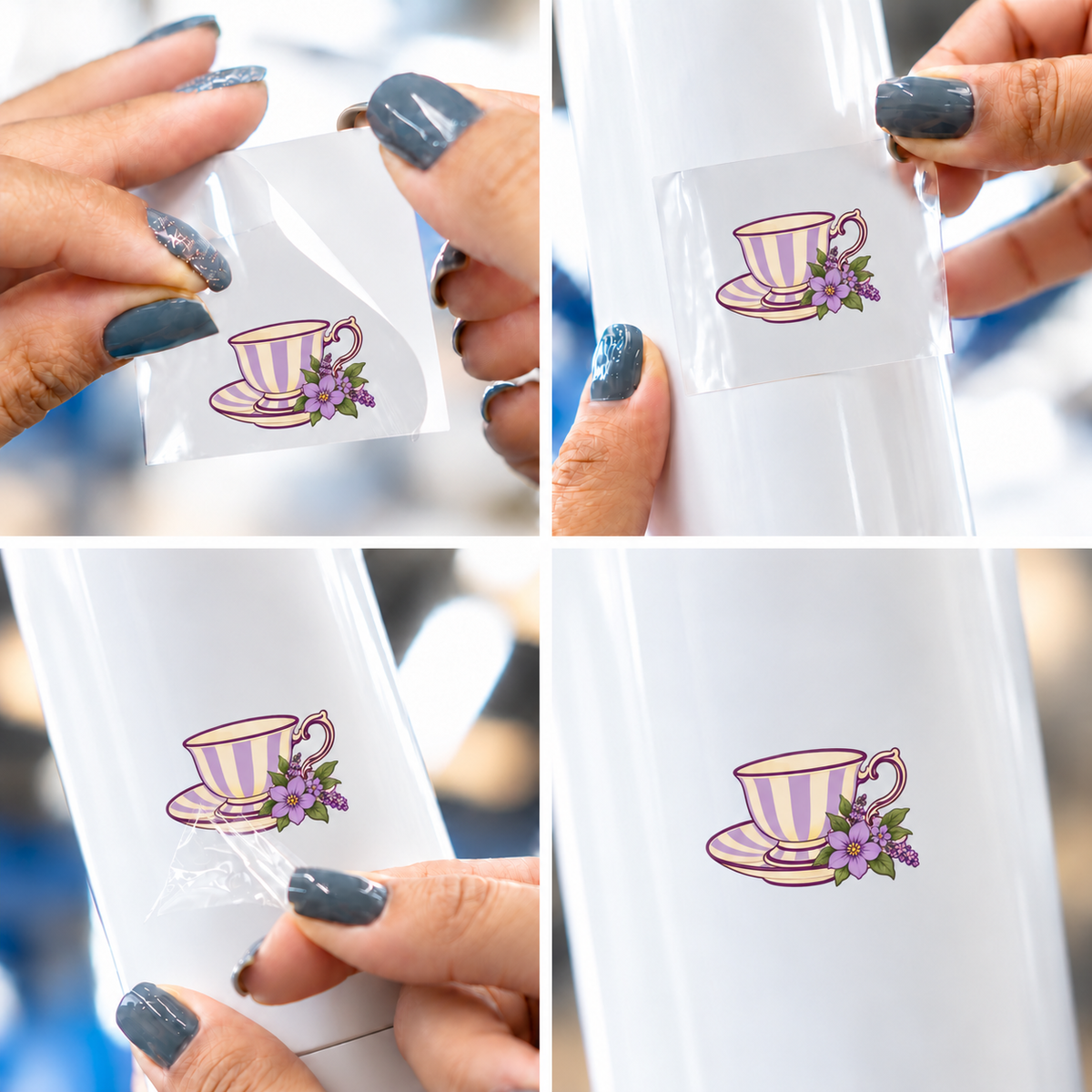 Lavanda Botânica — Xícara — sticker UV DTF individual com verniz — passo a passo ilustrativo de aplicação