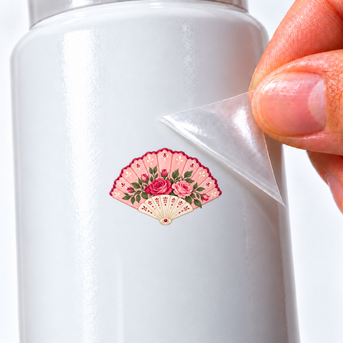Rosé Romântico — Leque — sticker UV DTF individual com verniz — detalhe de aplicação
