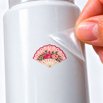Rosé Romântico — Leque — sticker UV DTF individual com verniz — detalhe de aplicação