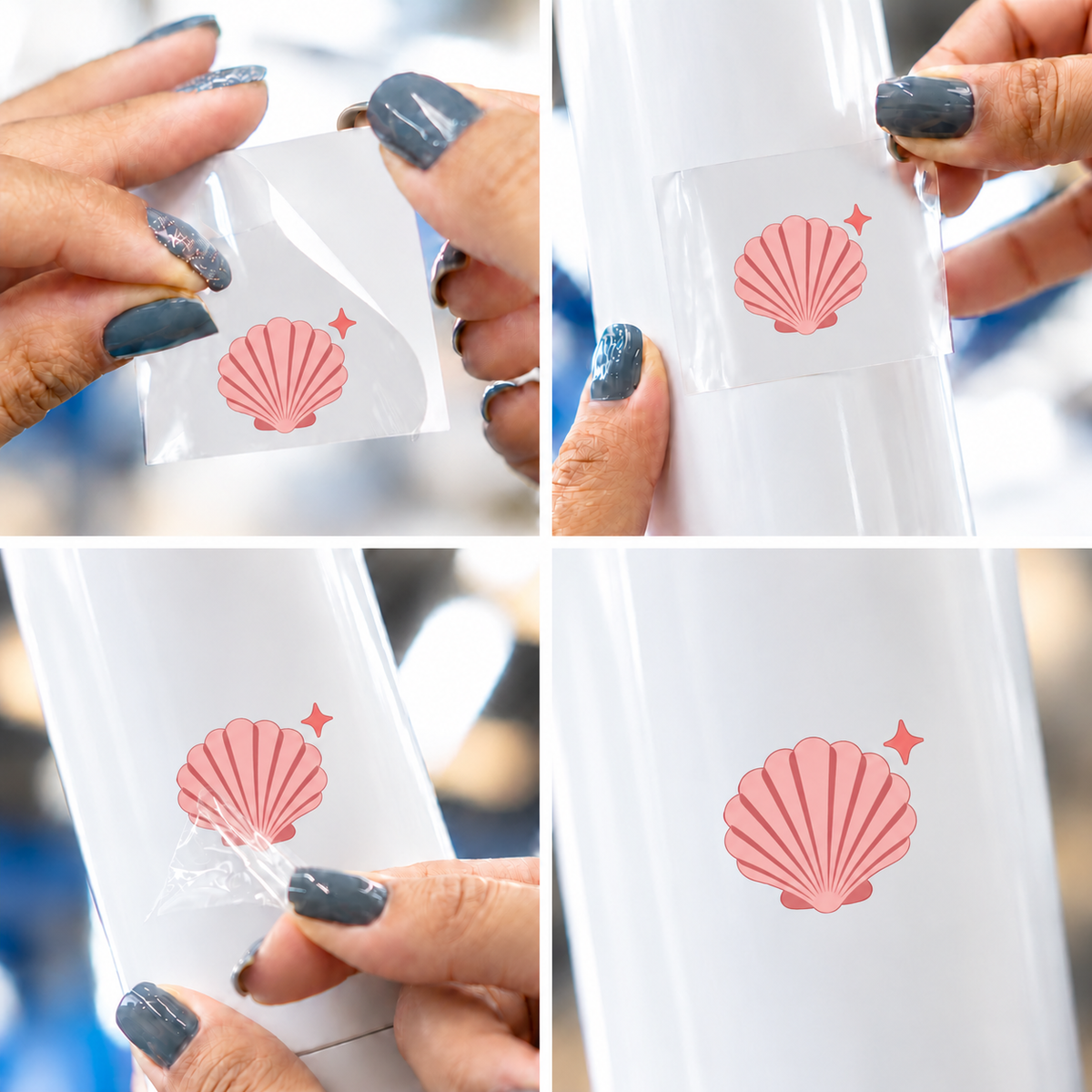 Ocean Blush 1 — conjunto — sticker UV DTF individual com verniz — passo a passo ilustrativo de aplicação