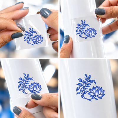 Porcelana de Coalas — Ramo de lótus — sticker UV DTF individual com verniz — passo a passo ilustrativo de aplicação