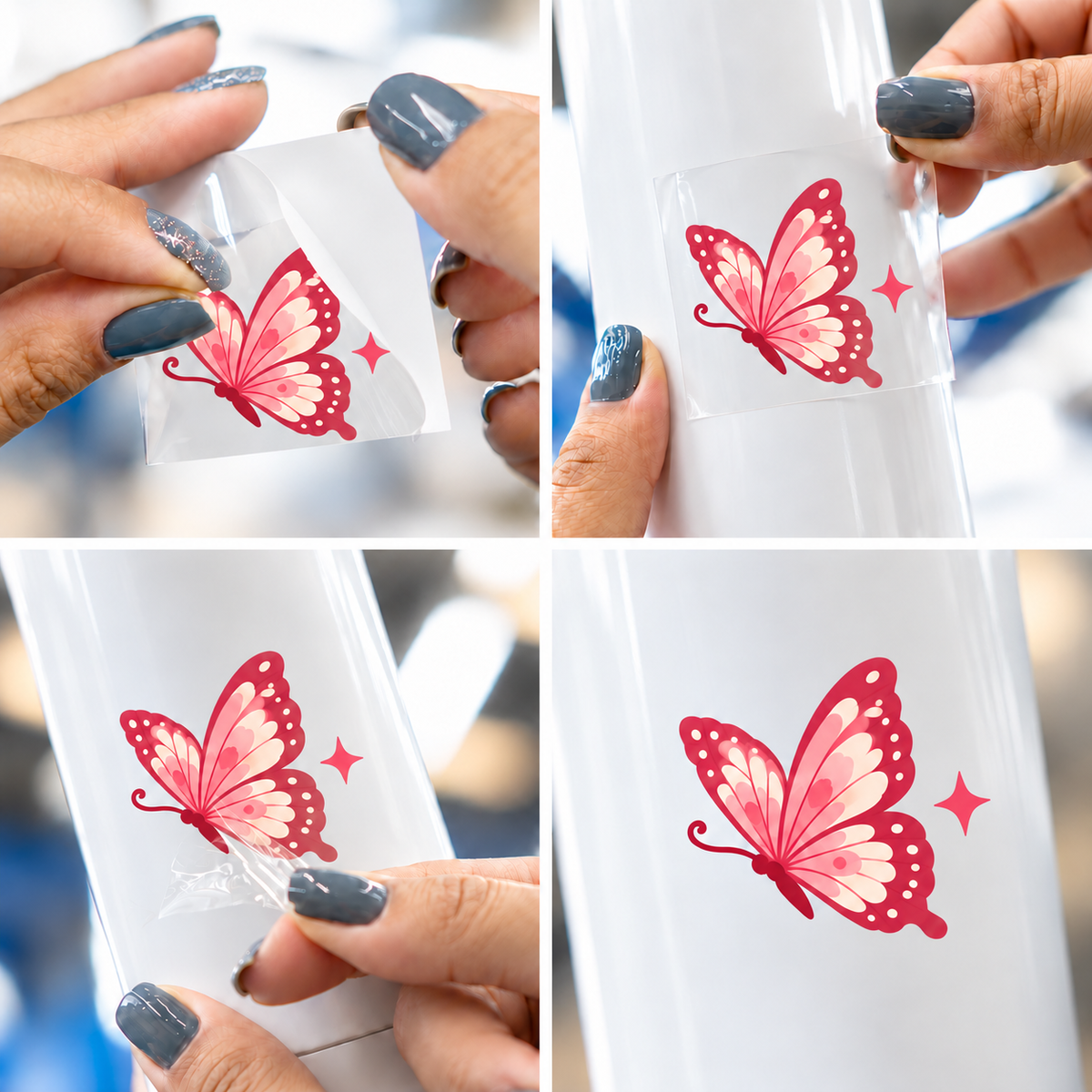 Rosé Butterfly 2 — sticker UV DTF individual com verniz — passo a passo ilustrativo de aplicação