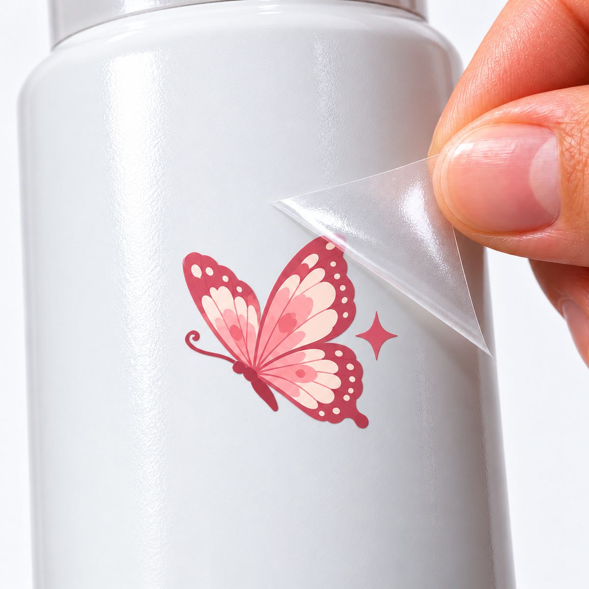 Rosé Butterfly 2 — sticker UV DTF individual com verniz — detalhe de aplicação