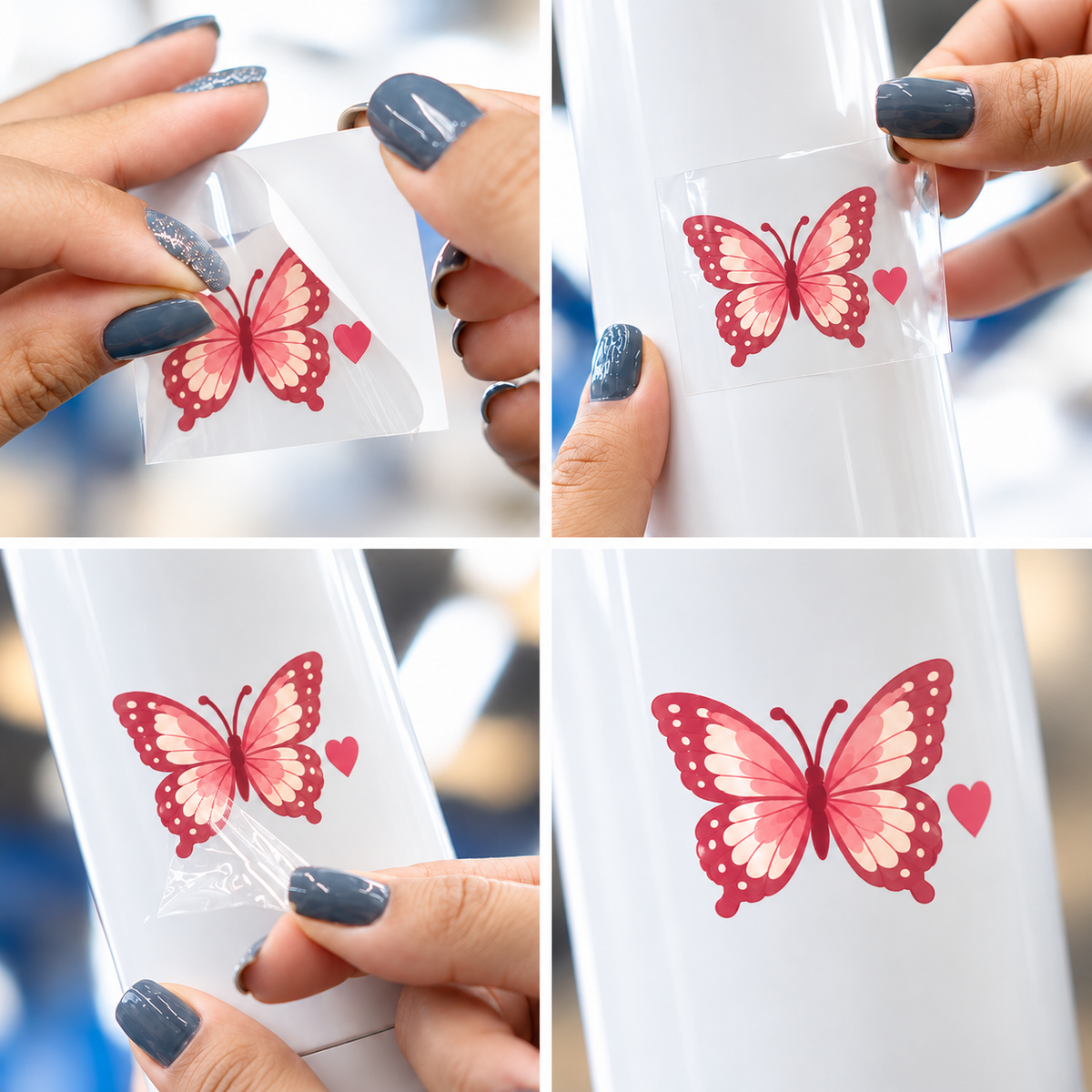 Rosé Butterfly 4 — sticker UV DTF individual com verniz — passo a passo ilustrativo de aplicação