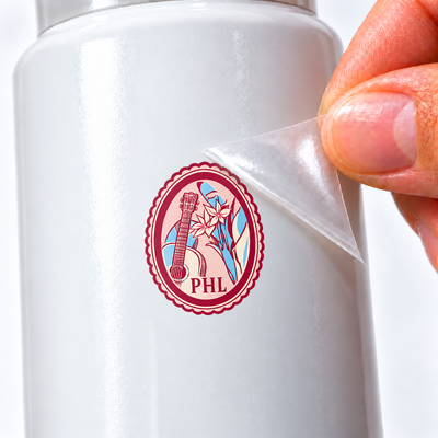 Selos de Viagem — PHL — sticker UV DTF individual com verniz — detalhe de aplicação