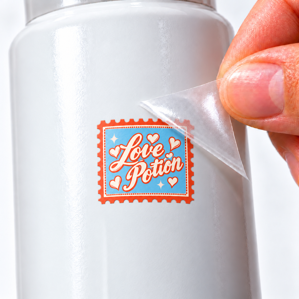 Selos de Viagem — Love Potion — sticker UV DTF individual com verniz — detalhe de aplicação