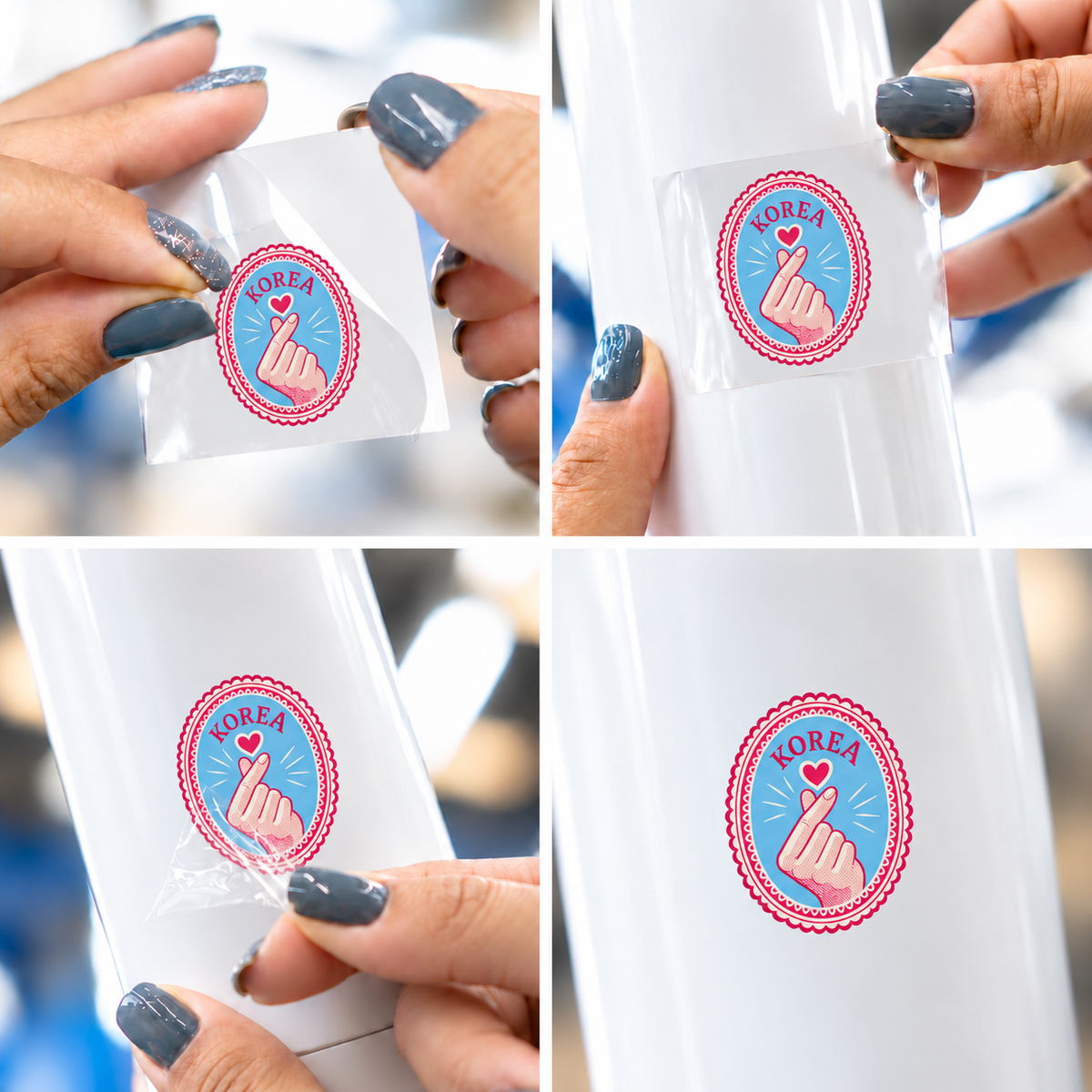 Selos de Viagem — Korea — sticker UV DTF individual com verniz — passo a passo ilustrativo de aplicação