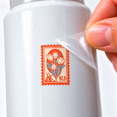 Selos de Viagem — NLD — sticker UV DTF individual com verniz — detalhe de aplicação