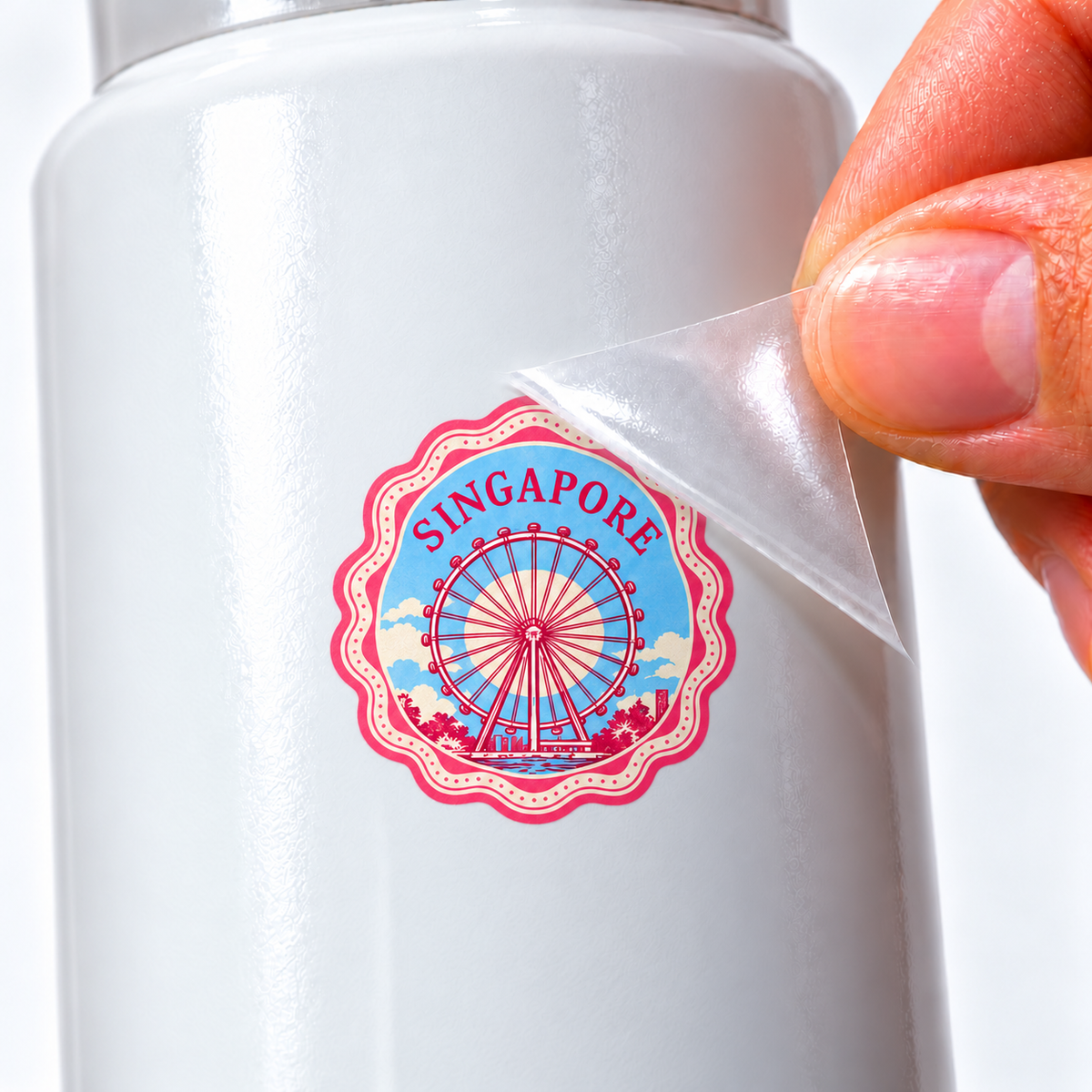 Selos de Viagem — Singapore — sticker UV DTF individual com verniz — detalhe de aplicação