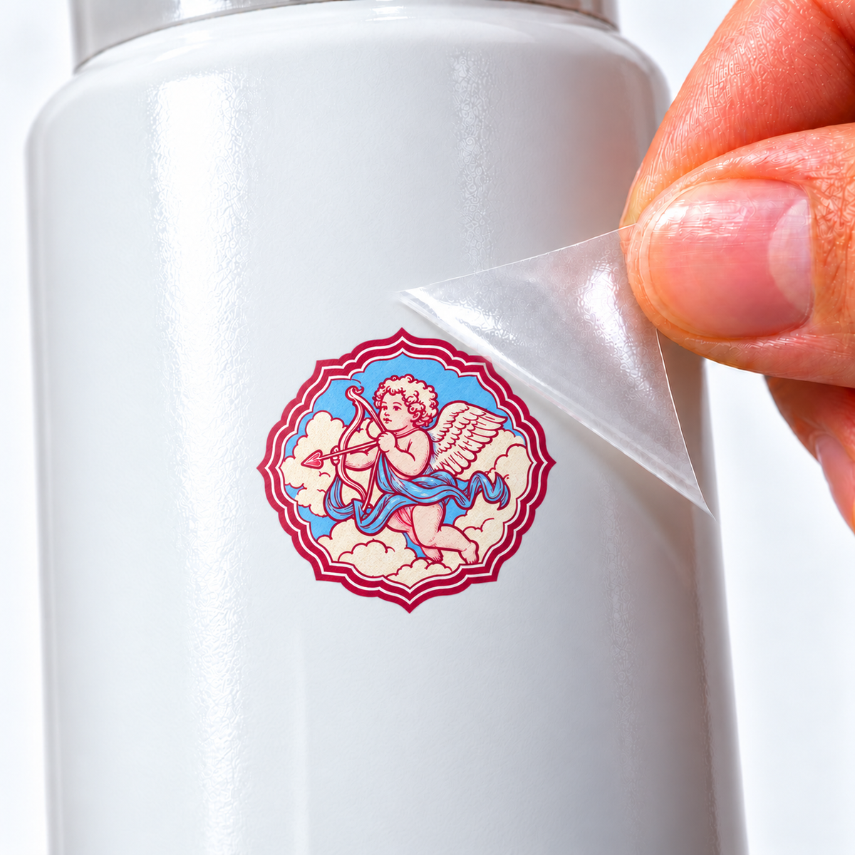 Selos de Viagem — Querubim — sticker UV DTF individual com verniz — detalhe de aplicação