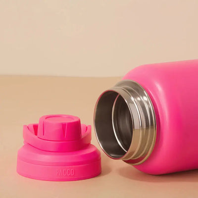 Garrafa Térmica PACCO Hydrav2 950ml rosa aberta, mostrando tampa e interior em inox, ideal para manter bebidas frias ou quentes por horas.