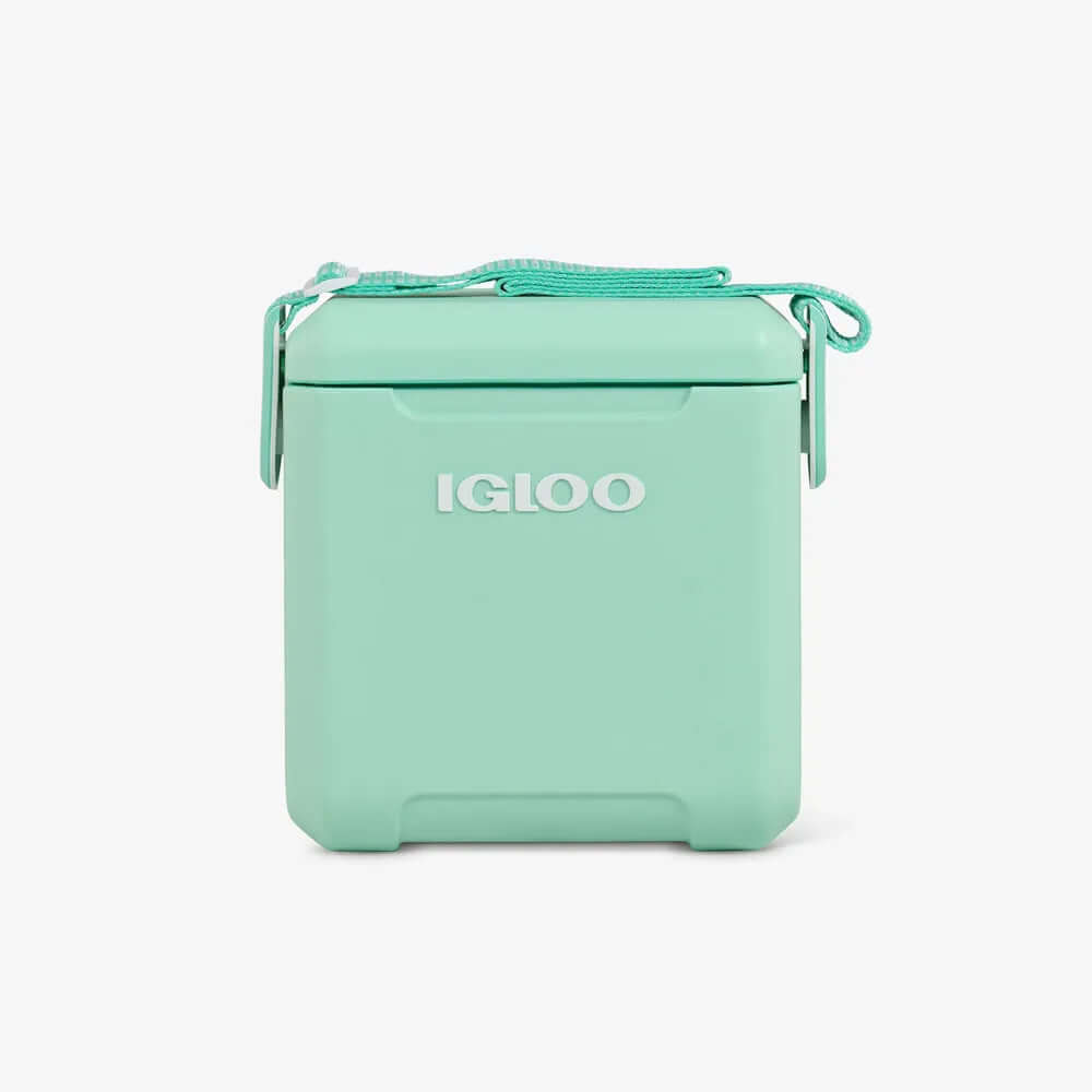 Cooler Térmico Igloo 10L em azul claro com alça ajustável, ideal para momentos relaxantes e dias de ação. Compacto e estiloso.