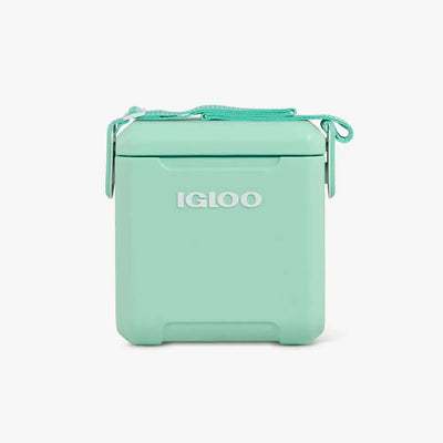 Cooler Térmico Igloo 10L em azul claro com alça ajustável, ideal para momentos relaxantes e dias de ação. Compacto e estiloso.