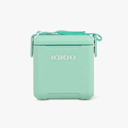 Cooler Térmico Igloo 10L em azul claro com alça ajustável, ideal para momentos relaxantes e dias de ação. Compacto e estiloso.