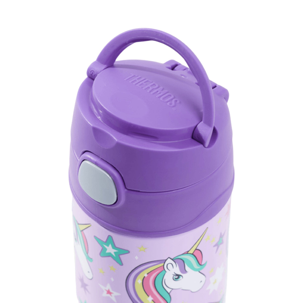 Garrafa Térmica Funtainer Thermos - 355ml com design de unicórnio e tampa roxa, ideal para manter bebidas geladas por até 12 horas.