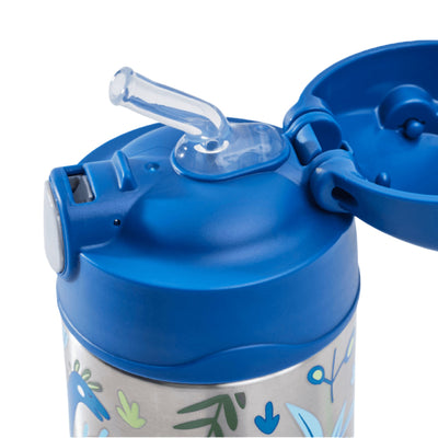 Garrafa Térmica Funtainer Thermos - 355ml com canudo retrátil e isolamento a vácuo, modelo azul com tampa aberta.