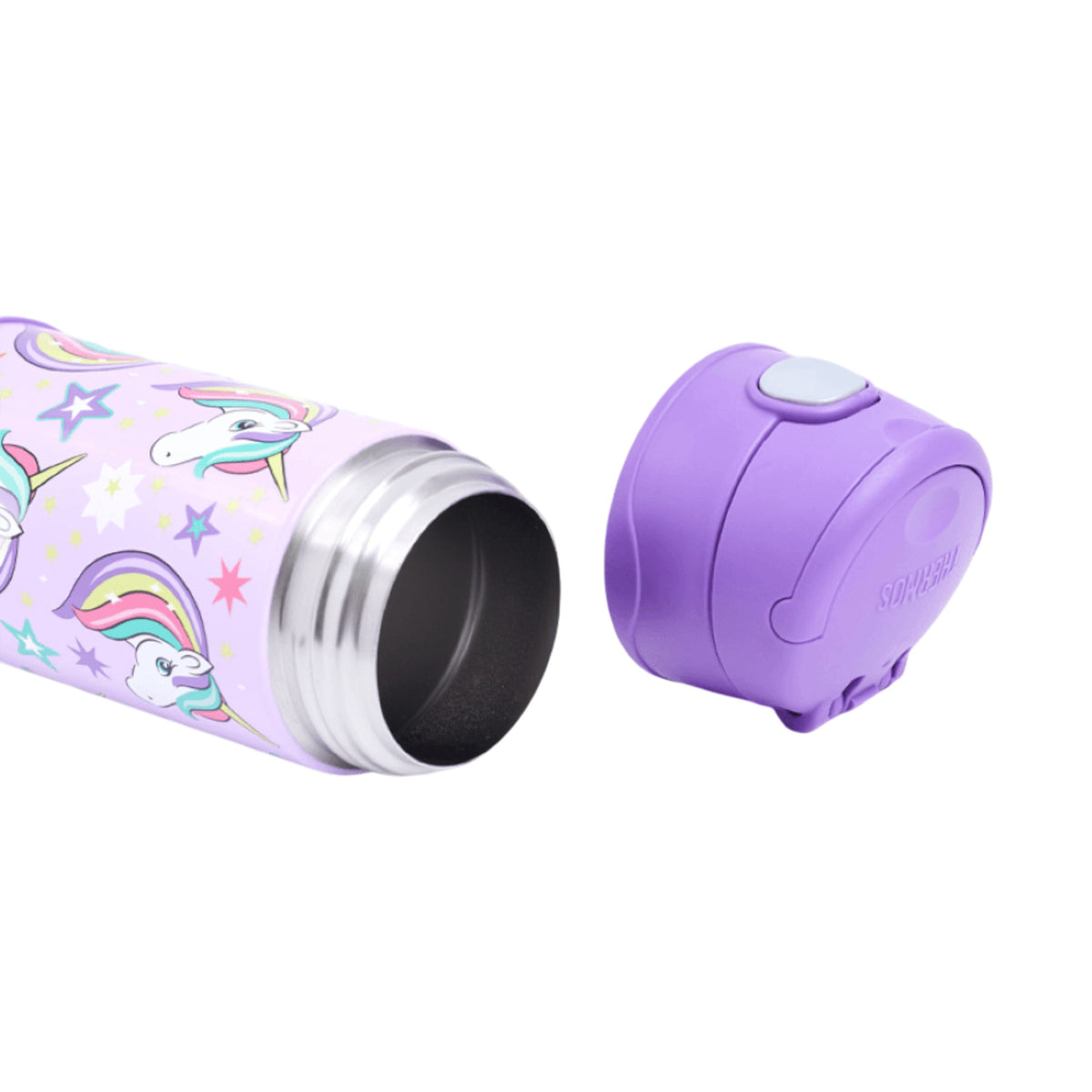 Garrafa Térmica Funtainer Thermos - 355ml com interior em aço inoxidável e tampa lilás, ideal para manter bebidas geladas por 12 horas.