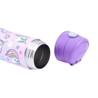 Garrafa Térmica Funtainer Thermos - 355ml com interior em aço inoxidável e tampa lilás, ideal para manter bebidas geladas por 12 horas.