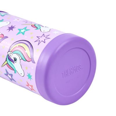 Garrafa Térmica Funtainer Thermos - 355ml em inoxidável com estampa de unicórnios, tampa roxa e capacidade de manter gelado por 12h.