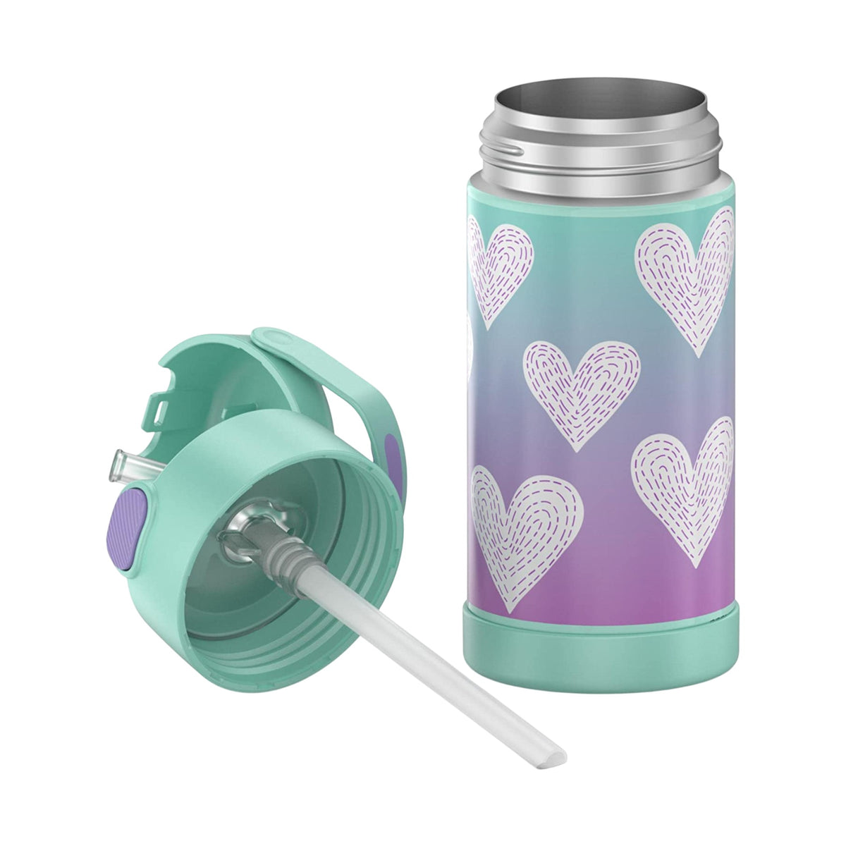 Garrafa Térmica Funtainer Thermos - 355ml com isolamento a vácuo, aço inox, canudo retrátil e design de corações.