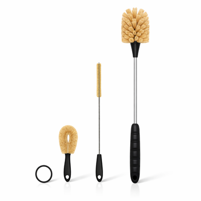 Kit de Escovas para Limpeza de Garrafas, Canudos e Tampas com três tipos de escovas para limpeza eficiente de recipientes.